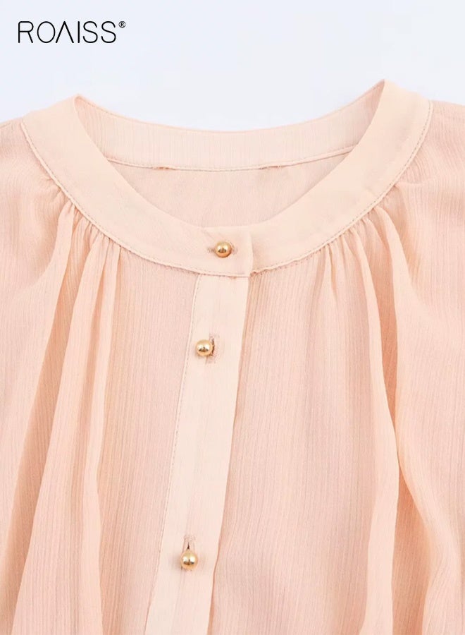 رويس فستان ميدي نسائي بأكمام طويلة مطوية، فستان أنيق بياقة دائرية وحزام، فستان رومانسي ناعم ومريح مناسب للعمل والمكتب والمواعيد والارتداء اليومي في فصلي الربيع والخريف، لون وردي فاتح - Image 5